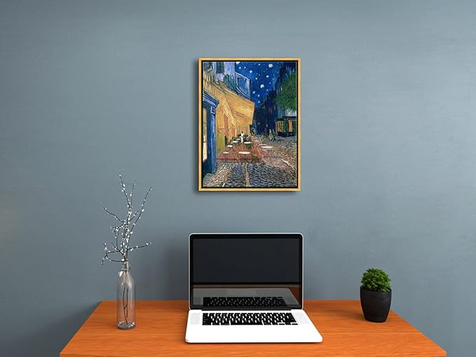 Wieco Art Framed Wall Art of Cafe Terrace at Night by Vincent Van Gogh Paintings Reproduction Abstract Canvas Prints for Home Living Room Decorations Bronze Gold Frame