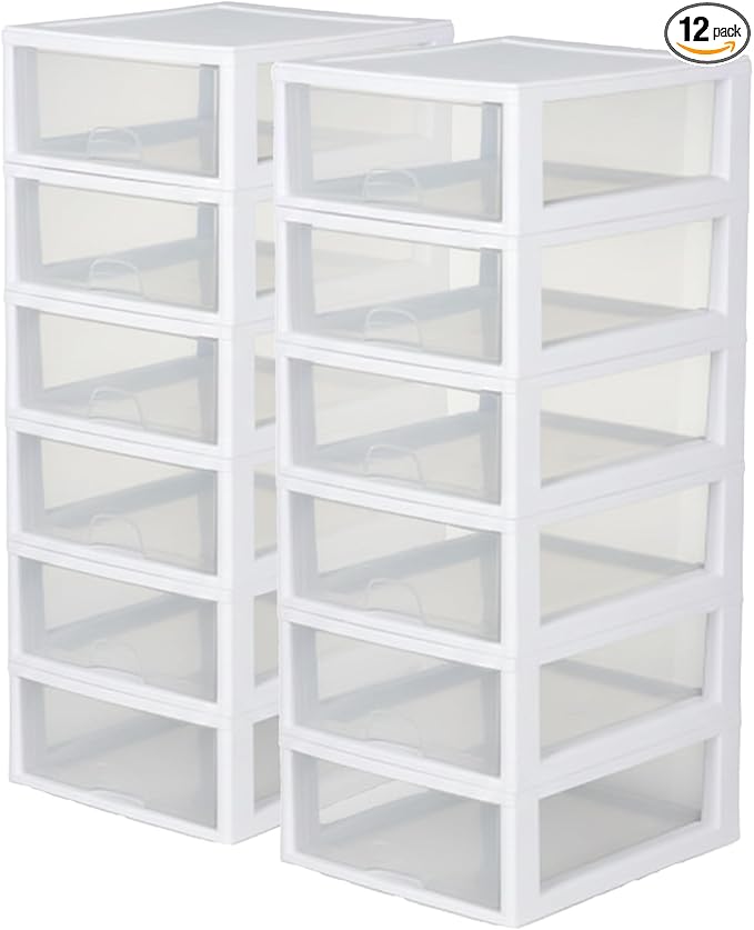 Sterilite 12-Pack 16 Quart Stacking Drawer, Clear Storage Closet Organizer, White Frame - Stackable Modular Plastic Drawers for Clothes, Accessories, Craft Supplies, Shoes or Linens