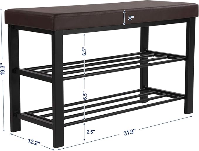 SONGMICS Shoe Bench, 3-Tier Shoe Rack for Entryway, Storage Organizer with Foam Padded Seat, Faux Leather, Metal Frame, for Living Room, Hallway, 12.2 x 31.9 x 19.3 Inches, Brown ULBS58Z