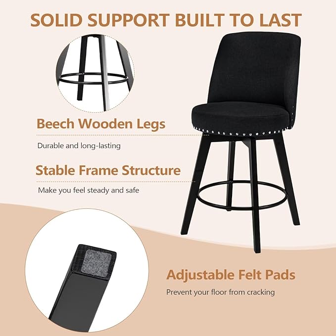 MINCETA Bar Stool, 26 Inch Upholstered Barstool with High Back and Footrest, Swivel Counter Height Barstool for Kitchen Island Home Bar Black