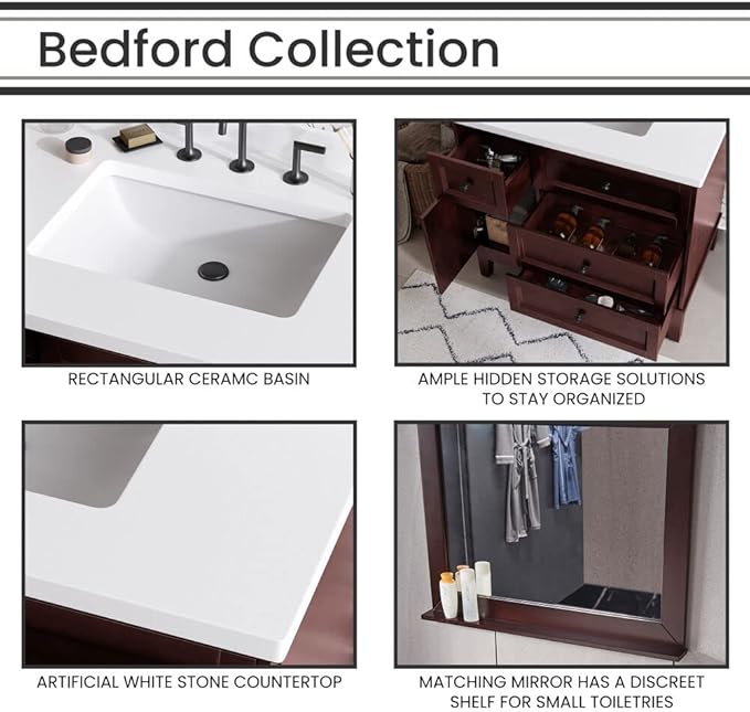 Hanover 36 Set Includes w, Brown Bedford 36'' Vanity Sink Combo for Bathroom, Powder Room | Pre-Assembled 1 Door, 3 Drawers | Accent Mirror | Artificial Stone Countertop, Cabinet, 36 inches