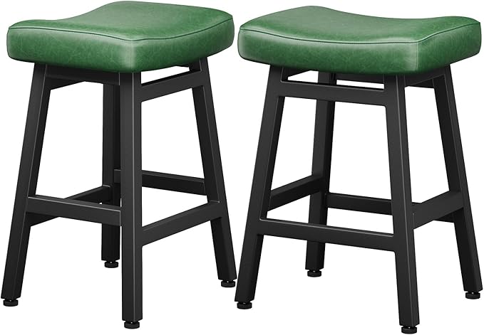 Counter Height Bar Stools Set of 2, 24 Inch Barstools for Kitchen Counter, Kitchen Stools with Faux Leather Saddle Seats & Heavy Duty Metal Legs, Easy Assembly, Forest Green