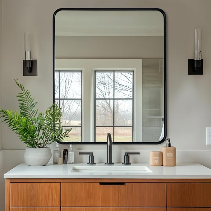 ANDY STAR Black Bathroom Mirror, 36x40 Inch Rounded Rectangle Mirror for Bathroom, Modern Tube Metal Framed Rectangular Mirror for Vanity, Wall-Mounted Vertically or Horizontally