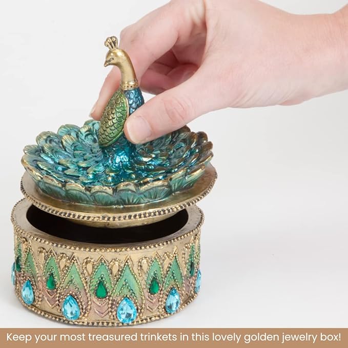 Bits and Pieces Peacock Jewelry Box for Women Small Keepsake Box with Peacock Figurine Lid - Decorative Boxes for Home Decor