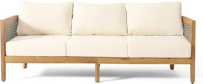 Christopher Knight Home Burchett Outdoor 3 Seater Sofa with Cushions - Acacia Wood and Round Wicker - Teak/Mixed Brown/Beige