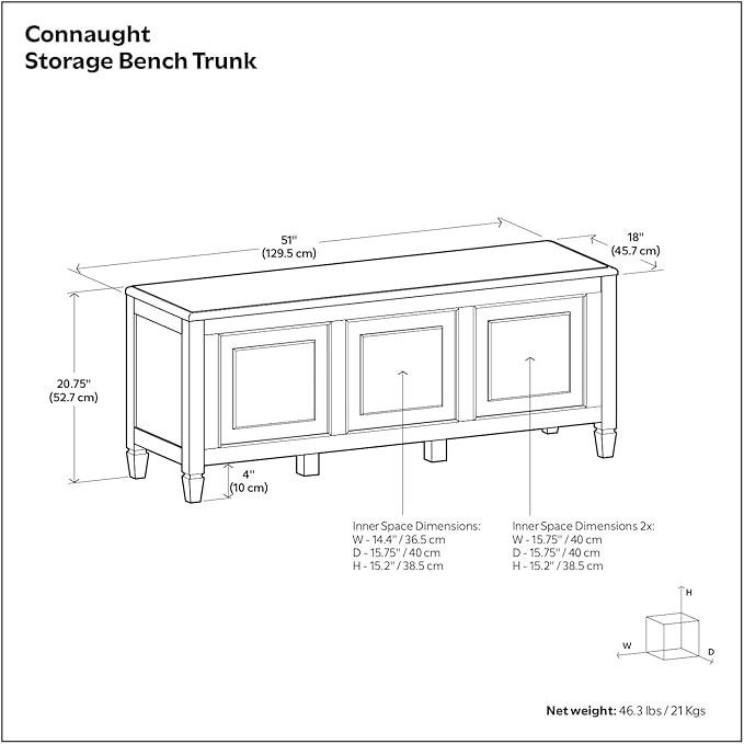 SIMPLIHOME Connaught Entryway Storage Bench - 51 inch Wide Solid Wood Storage Trunk Seat in Black, Traditional Bench for Entryway or Living Room with Lift-Up Lid and Decorative Moulding