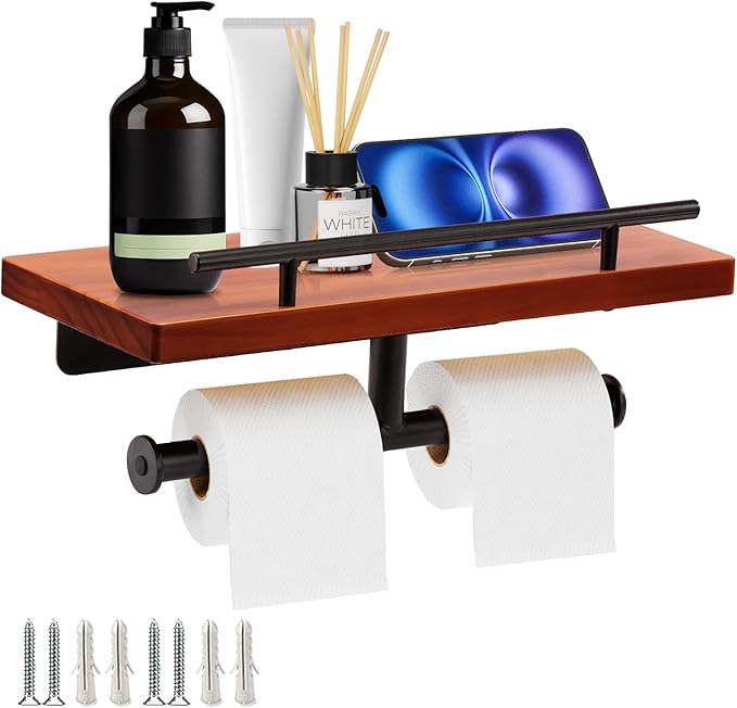Toilet Paper Holder with Wood Shelf, Wall Mount Toilet Paper Roll Holder with Wooden Shelf and Matte Black Stainless Steel Pipe, Tissue Roll Holder for Bathroom Washroom (Dark Brown, 13.8'' x 5.9'')