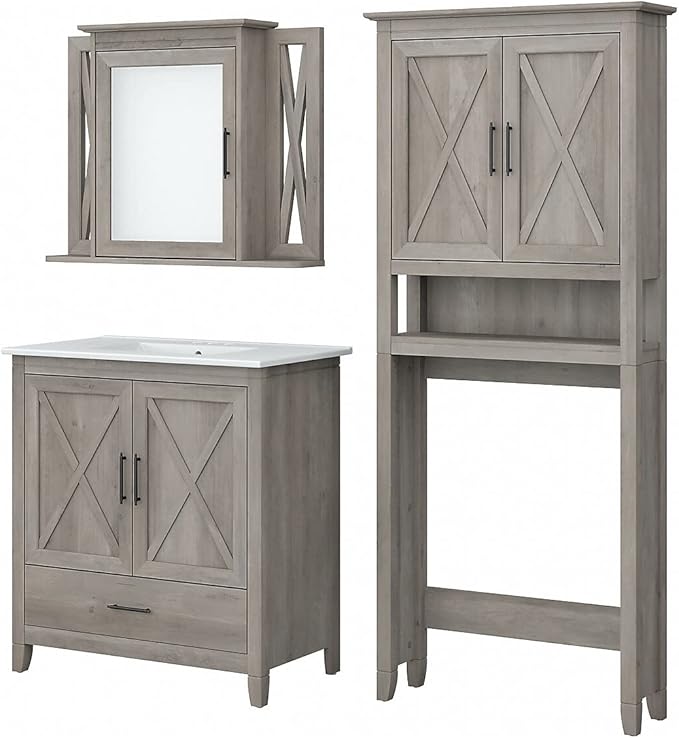 Bush Furniture Key West 32W Bathroom Vanity Sink with Mirror and Over The Toilet Storage Cabinet in Driftwood Gray