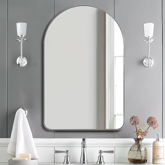 ANDY STAR Chrome Bathroom Mirror, 20" x 30" Arch Mirror in Stainless Steel Metal Frame, Chrome Arched Bathroom Mirror for Wall, Arch Top Rounded Corner 1" Deep Set Design Wall Mount Hangs Vertical
