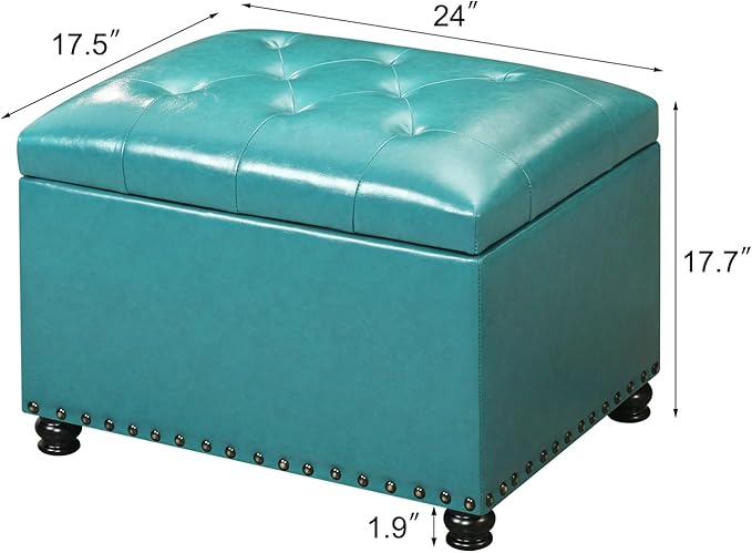 Leather Storage Ottoman Bench with Nailhead Trim Chests, Rectangle 24 Inch Foot Rest Ottomans Stool for Living Room Bedroom (Teal Blue)