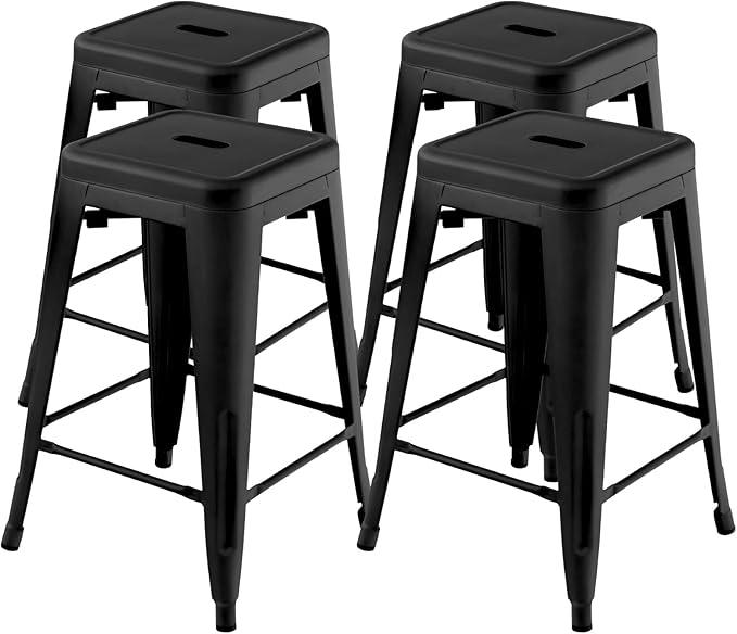 COSTWAY Bar Stools Set of 4, 24” Stackable Metal Stools with Square Seat & Handing Hole, X-Shaped Reinforced Design, Backless Bar Chairs for Kitchen, Dining Room, Pub (Black, 24‘’)