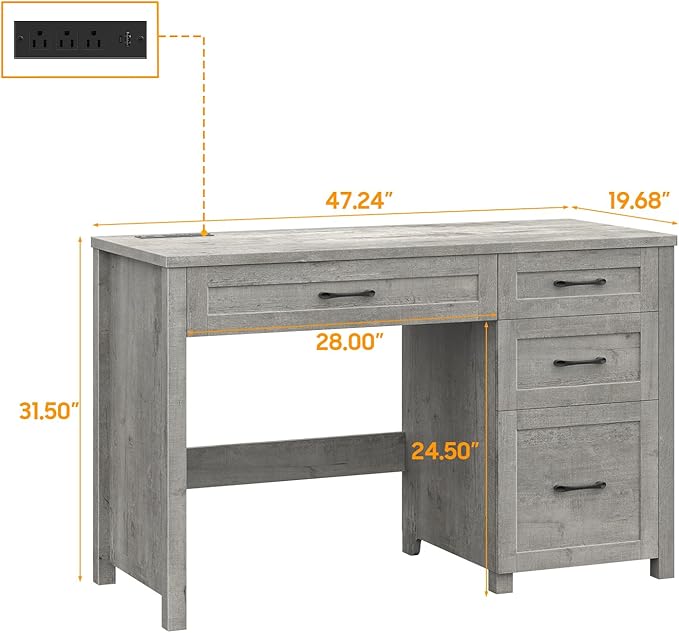 Farmhouse 47" Executive Desk, Computer Desk with File Drawer and Charging Station, Workstation for Home Office, Study（Grey）.