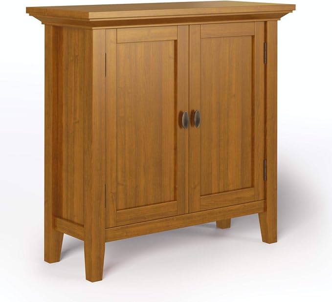 SIMPLIHOME Redmond SOLID WOOD 32 inch Wide Transitional Low Storage Cabinet in Light Golden Brown for the Living Room, Entryway and Family Room