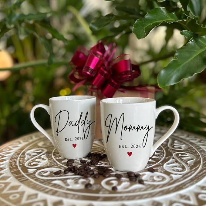 Dnuiyses EST 2026 New Daddy Mommy Mugs Set Gift for New Parents, First Time Dad Mom 2026 Gifts, Baby Reveal Pregnancy Announcement Mug Gift for Parents to be Gifts