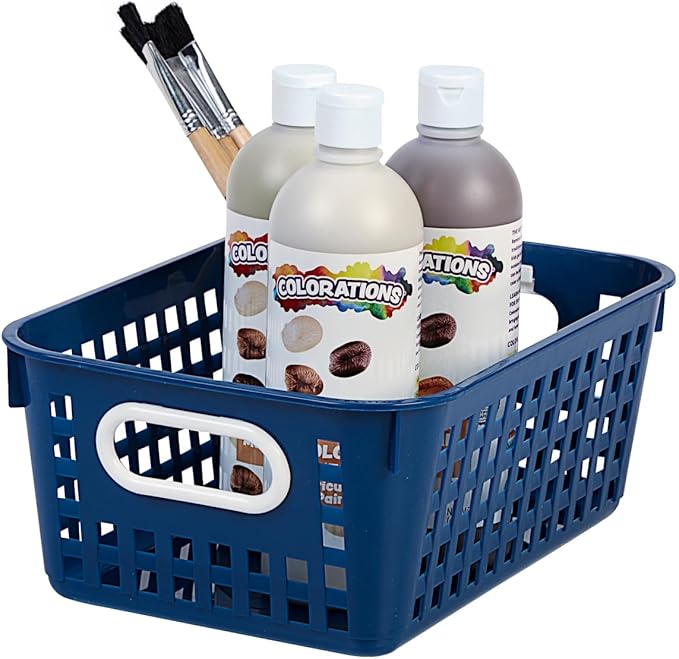 Really Good Stuff Medium Plastic Book Baskets, 11" by 7?" by 4?" - 6 Pack, Navy | Versatile Storage Solution for Classroom, Home and Office l Toy Storage, Multi-Purpose Organizer Basket
