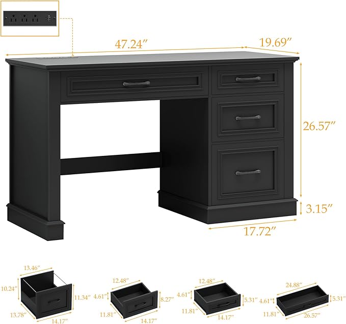 Farmhouse 47" Executive Desk, Computer Desk with Drawers and File Drawer, Workstation Computer Desk with Charging Station for Home Office, Study,Pure Black.