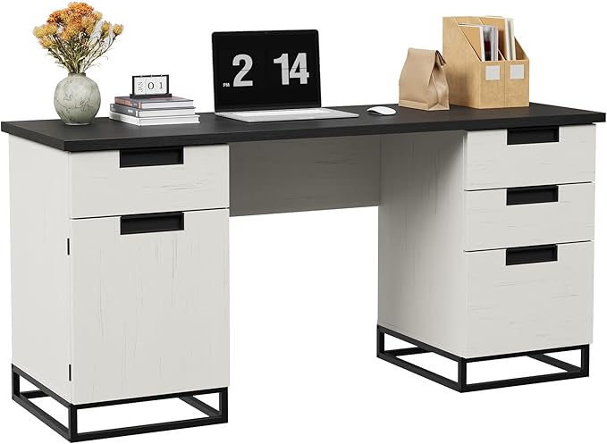 GAOMON Farmhouse Executive Desk, 59 Inch Computer Desk, White Home Office Desks with File Drawer and Storage Cabinet, Wood Writing Desks for Bedroom, Home Office, White+Black