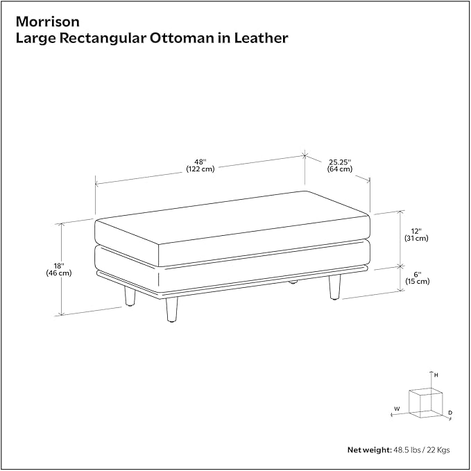 SIMPLIHOME Morrison 49 inch Wide Large Rectangular Ottoman in Lead Black Genuine Leather, Multifunctional Footrest, Coffee Table, and Extra Seating for Living Room, Mid-Century Modern Style