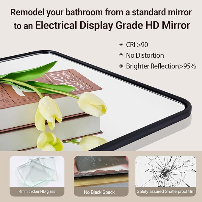 ANDY STAR Black Bathroom Mirror, 30x40 Inch Rounded Rectangle Mirror for Bathroom, Modern Tube Matte Black Framed Rectangular Mirrors for Vanity, Explosion-Proof Film, Wall Mount Horizontal/Vertical