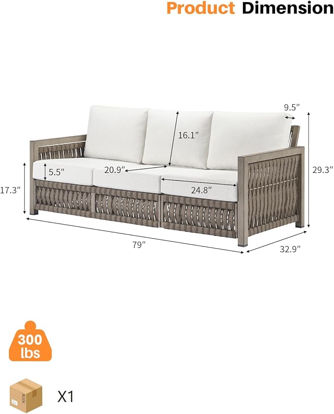 3 Seats Outdoor Sofa, Aluminum Patio Sofas with Washable Cushions, 3-Seater Rope Weave Outside Patio Couch, Deep Seating Outdoor Sofa Furniture for Garden, Decks, Porch, Balcony, Gray Oak