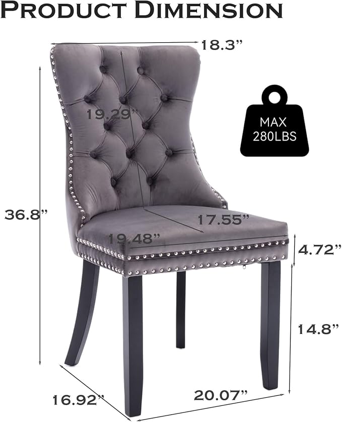 Velvet Upholstered Dining Chairs Set of 8, Modern Style Kitchen Side Chairs with Nailhead Trim and Wood Legs,Metal Pulling Ring for Dining Room Living Room(Grey)