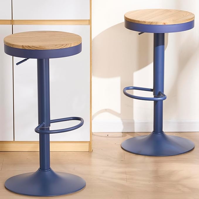 Kidol & Shellder Bar Stools Set of 6 Round Adjustable Swivel Barstools Modern Backless Bar Chairs Wooden Seat Counter Height Stools Armless for Kitchen Island, Cafe, Dining Room Blue