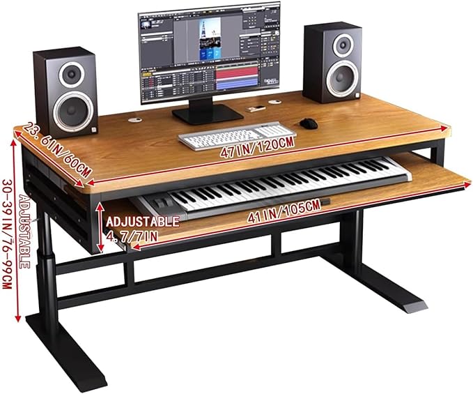 Studio Desk with Keyboard Tray | Hand-Crank Adjustable Standing Desk Workstation for Music Production, Cable Management, MIDI Keyboard Shelf (Black, 70in)