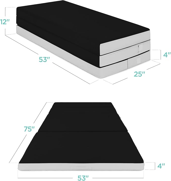 Best Choice Products 4in Portable Full-Size Mattress, Tri-Fold Mattress for Camping, Guest, Toddler, Foam Plush w/Carry Case - Onyx Black