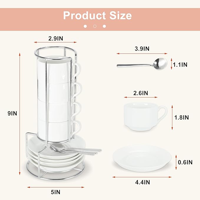 3 Ounce Espresso Cups Set of 4, Stackable Demitasse Mugs, Includes Display Stand, Cups Saucers, and Spoons, for Machines & Home Use, White Silver Tone