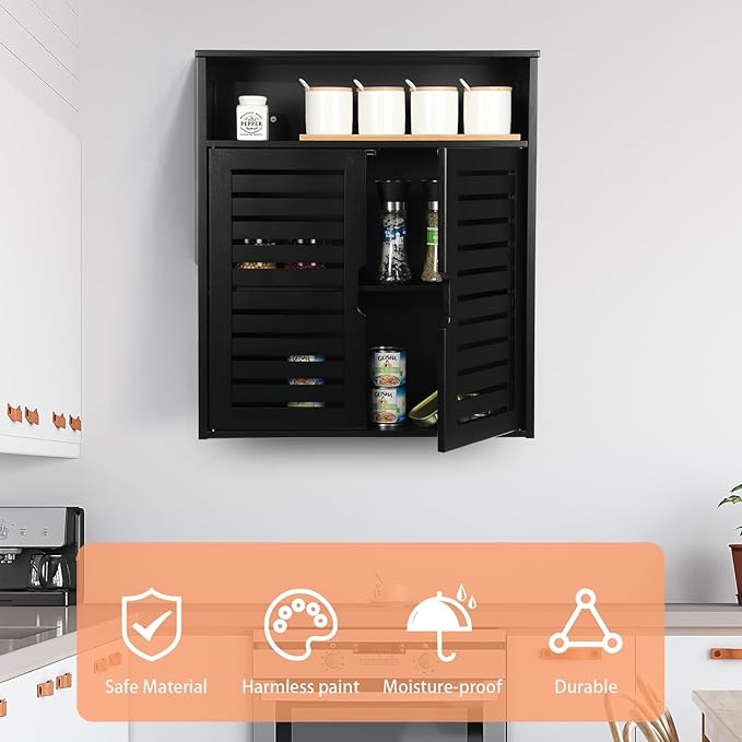 HYNAWIN Wall-Mounted Black Bathroom Cabinet with Double Doors, Bamboo Storage Shelf Organizer for Kitchen, Living Room, or Bathroom