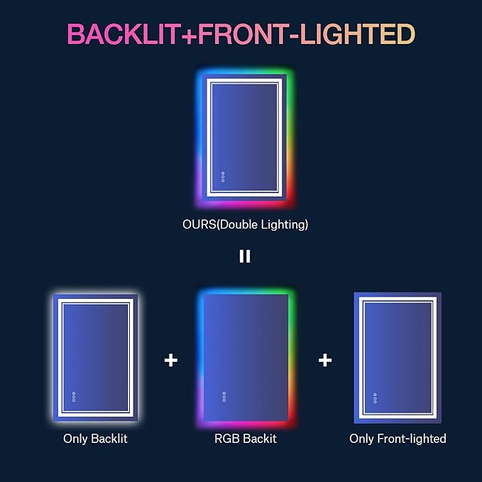 LED Bathroom Mirror, 20x28 inch, Wall Mount, Anti-Fog, RGB Backlit, Front-lit