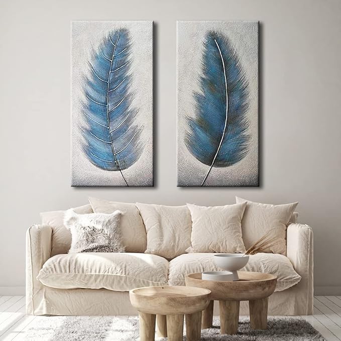 Wieco Art Blue Feathers Abstract Paintings Wall Art on Canvas Mordern Canvas Wall Art for Living Room Bedroom Wall Decor Contemporary Artwork for Home Decorations