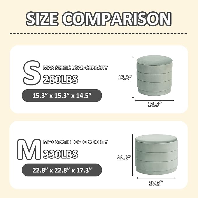 PINPLUS Large Round Velvet Storage Ottoman, Sage Upholstered Footstool with Hidden Storage, Sturdy Coffee Table Ottoman for Living Room & Bedroom