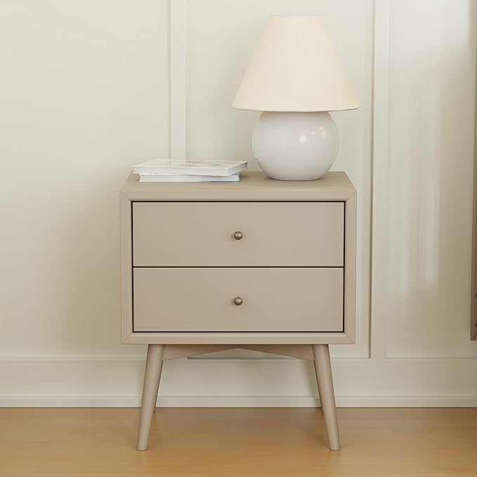Babyletto Palma 2-Drawer Assembled Nightstand in Taupe, GREENGUARD Gold Certified, Mid-Century Modern Design