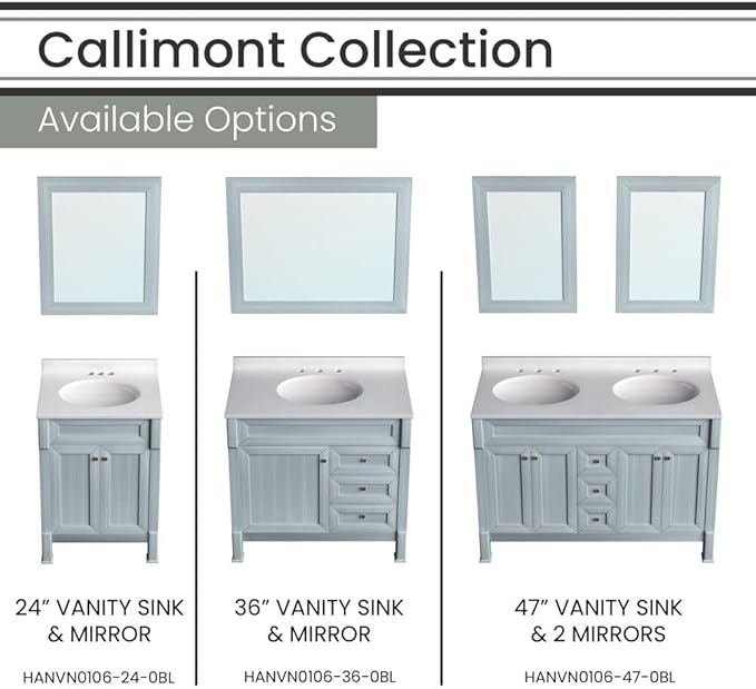 Hanover 36 Set Includes w, Blue Callimont 36'' Vanity Sink Combo for Bathroom, Powder Room | Pre-Assembled 1 Door, 3 Drawers | Accent Mirror| Artificial Stone Countertop Cabinet, 36 inches