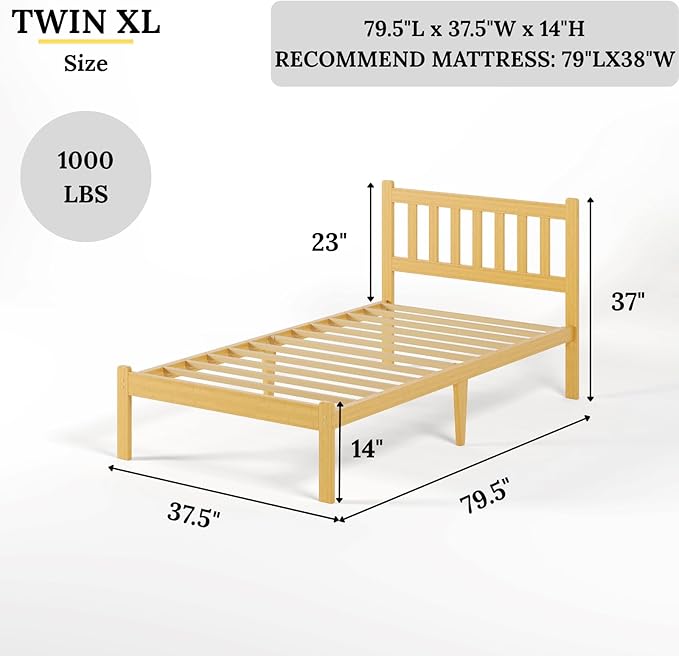 Askeld Wood Twin XL Bed Frame with Headboard, 14 Inch High Solid Bamboo Platform Bed No Box Spring Needed, Mid-Century Heavy Duty Bedframe, Easy Assembly, Noise Free