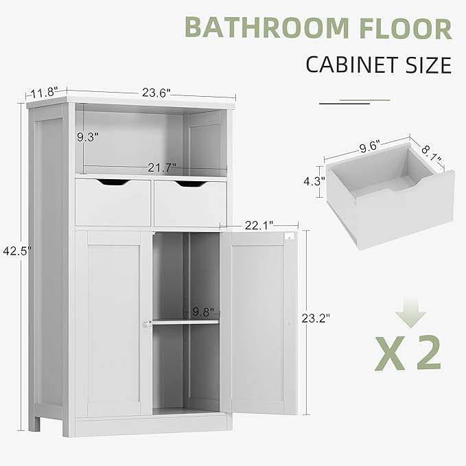 Shintenchi Floor Storage Cabinet, Bathroom Organizer with Doors and Drawers, Freestanding Side Cupboard Pantry with Adjustable Shelf, White