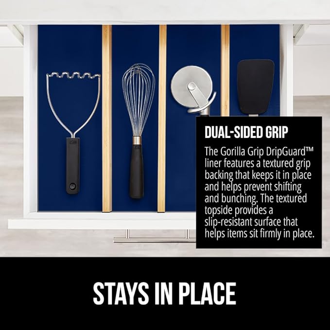 GORILLA GRIP DripGuard Shelf Liner, Non Adhesive Drawer and Kitchen Cabinet Protector, Slip Resistant BPA Free Smooth Surface Plastic Liners for Cabinets, Bathrooms, Closets, 12x240 Inch, Navy Blue