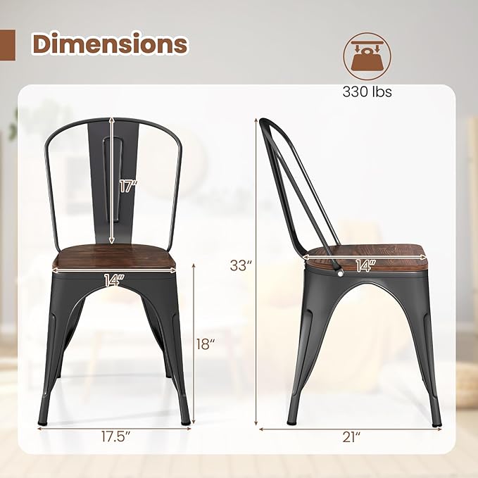 COSTWAY 18 Inch Dining Chair Set of 4, Industrial Vintage Stackable Metal Chairs, Counter Bar Chairs with High Backrest, Wood Seat, for Home, Kitchen and Cafe Bar Use