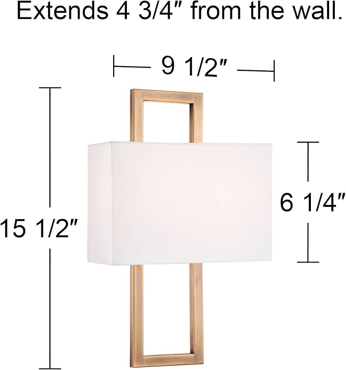Possini Euro Design Modena Modern Wall Light Sconces Set of 2 French Brass Gold Hardwired 9 1/2" Fixture Off-White Faux Silk Half Shade for Bedroom Bathroom Vanity Living Room Home Hallway Dining