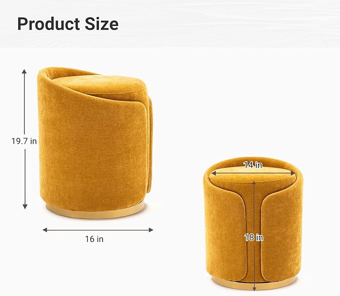 Swivel Vanity Stool with Gold Base Comfy Vanity Chair Modern Round Stool for Makeup Vanity Ottoman Foot Rest for Bedroom livingroom (Yellow)