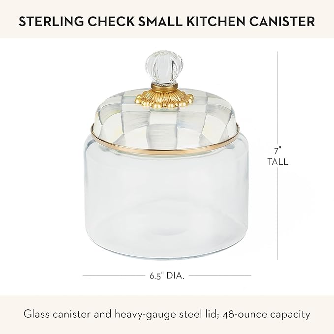 MACKENZIE-CHILDS Sterling Check Kitchen Canister, Decorative Gray-and-White Glass Storage Jar with Lid, Small