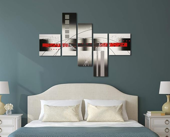 Wieco Art Extra Large Size 5 Piece Perfect White Lines Modern Stretched and Framed Artwork 100% Hand-Painted Abstract Oil Paintings on Canvas Wall Art 5pcs/set