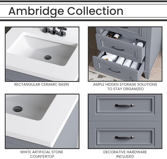 Hanover Ambridge 24'' Vanity Cabinet with Sink Combo for Bathroom, Powder Room, Pre-Assembled Cabinet, 2 Drawers, Accent Mirror, Artificial Stone Countertop, Gray Cabinet
