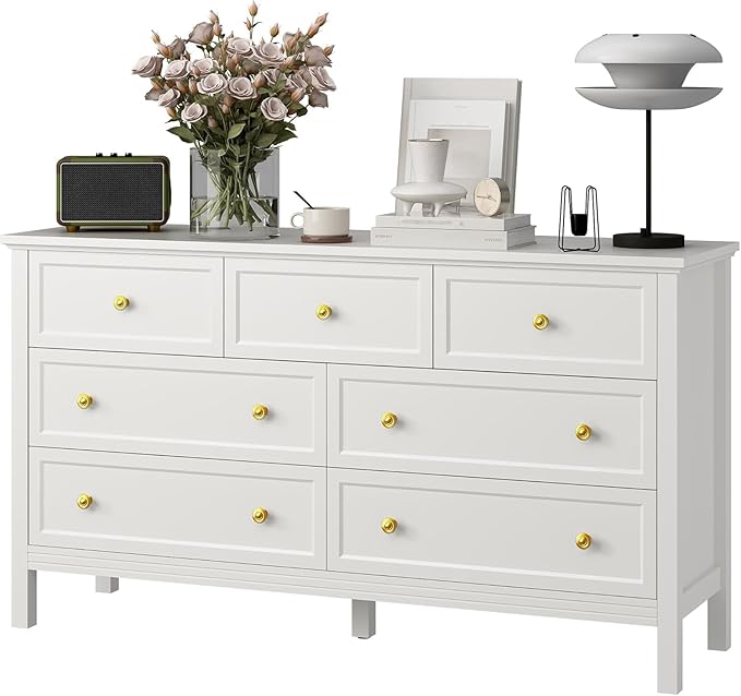 LYNSOM White Dresser for Bedroom with 7 Drawers, Modern Wide Chest of Storage Drawer with Gold Handles, TV Stand Dresser, Wood Dressers for Bedroom Living Room, Hallway, Entryway, 55’’