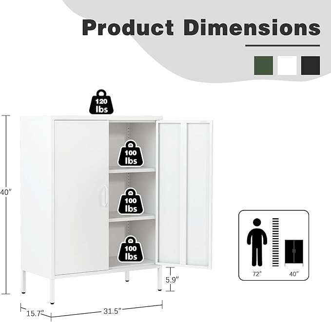 Metal Locker Cabinet with 2 Doors, White Metal Accent Cabinets for Home Office, 40" Counter Height Storage Lockers Sideboard for Home Office Kitchen Living Room Hallway Entryway