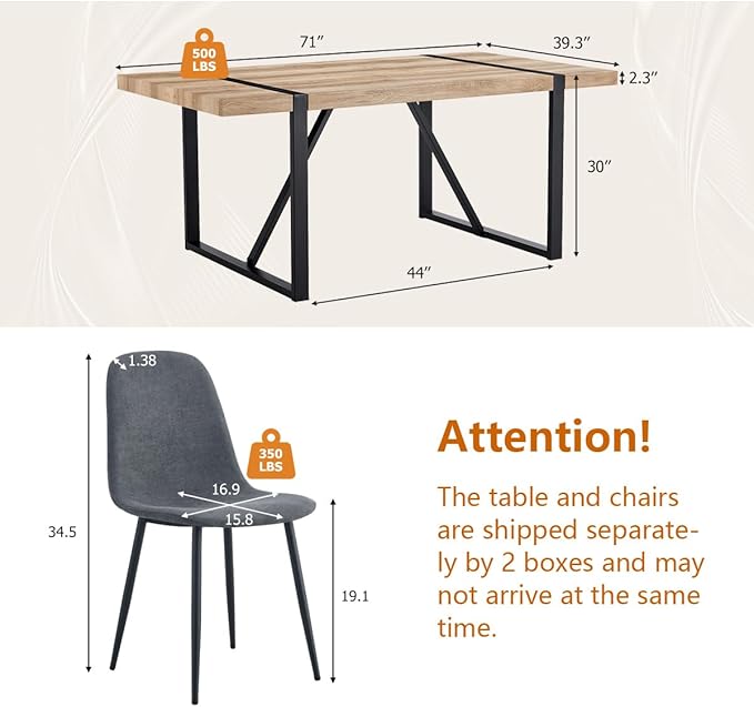 Dining Table Set for 6，Dinner Table Set for 6，71'' Kitchen Table and Suede Nap Fabic Chairs Set of 6，6 Chair Dining Table Set for Kitchen Dining Room
