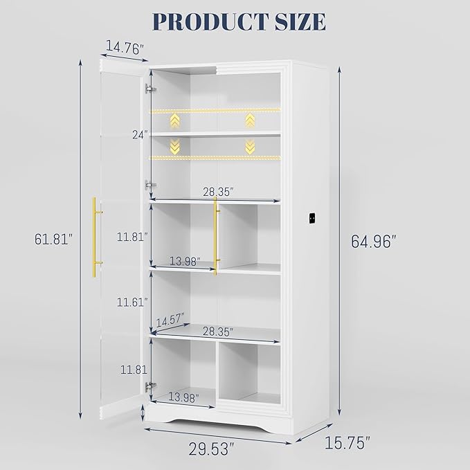 Vlsrka 65" File Cabinet, Filing Cabinets Fit Letter/A4 Size, Storage Cabinet with Doors & Lights, Tall File Bookcase with 2 Adjustable Shelves for Home Office, Living Room, White
