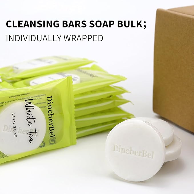 DincherBel 100 Pack 0.5oz Travel Soap, Mini Round Cleansing Bars Soap Bulk Travel Size, Individually Wrapped Toiletries Amenities for Hotel, Airbnb, Shelter, Camping and Traveling
