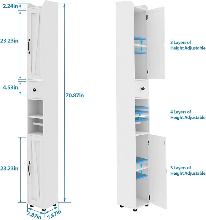 Maupvit Bathroom Cabinet with Adjustable Shelf, Storage Cabinet for Small Space, Tall Bathroom Storage Cabinet with Retractable Toilet Paper Rod, Narrow Cabinet with 2 Doors, 8 Compartments (White)